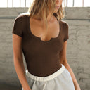 Chic Women's Short Sleeve Bodysuit with Deep Neckline