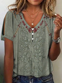 Floral Embroidered Women's Short Sleeve Blouse with Button Accents