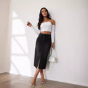 Chic Women's Denim Midi Skirt with Side Slit