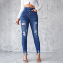 Chic High-Waist Skinny Jeans with Ripped Accents and Button Design