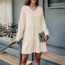 Stylish Women's V-Neck Dress with Flowy Hem and Long Sleeves