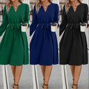 V-Neck Women's Dress with Waist Belt and Long Sleeves