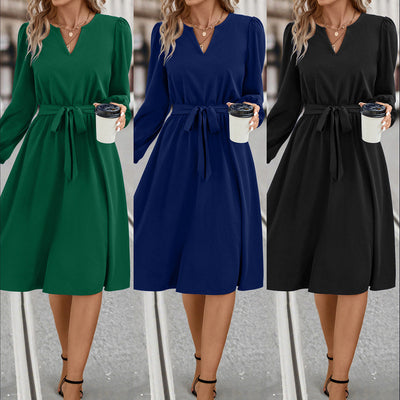 V-Neck Women's Dress with Waist Belt and Long Sleeves