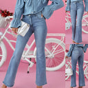 Chic Denim Blouse with Ruffled Accents and Knotted Neckline