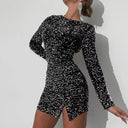 Glitter Mini Dress with Long Sleeves and Chic Slit