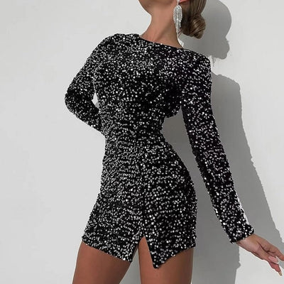Glitter Mini Dress with Long Sleeves and Chic Slit