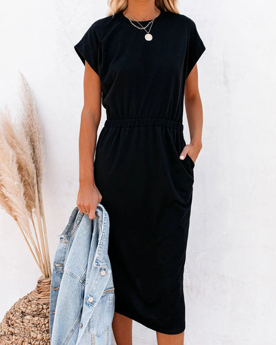 Chic Midi Dress with Elastic Waist and Pockets
