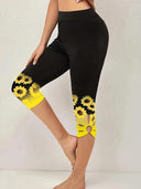 High-Waisted Women's Capri Leggings with Sunflower Print