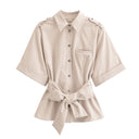 Chic Women's Short Sleeve Blouse with Adjustable Belt and Pocket