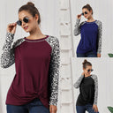 Chic Women's Long Sleeve Blouse with Leopard Print Sleeves and Knot Accent