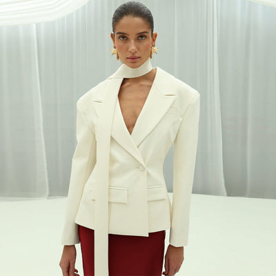 Chic Women's Blazer with Asymmetrical Bow and Deep Neckline