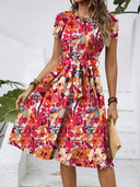 Floral Midi Dress with Chic Waist Belt