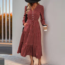 Floral Detail Long Sleeve Wrap Dress with Waist Tie