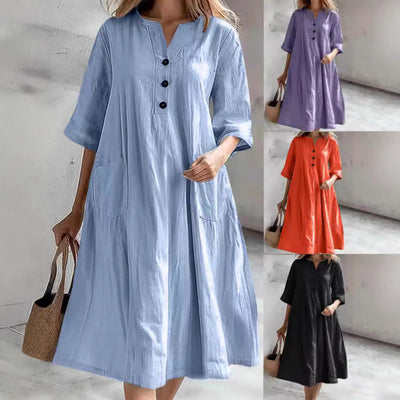 Chic Women's Linen Dress with Pockets and Button Accents