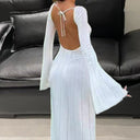 Chic Women's Midi Dress with Deep Back Cut and Striped Design