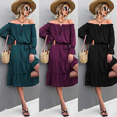 Women's Off-Shoulder Ruffled Dress with Waist Belt