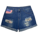 Stylish Women's Denim Shorts with Flag Motif and Distressed Accents