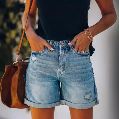 Trendy Women's Destroyed Denim Shorts - Relaxed Fit