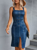 Stylish Denim Dress with Button Placket & Pockets