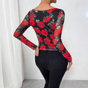 Floral Print Women's Long Sleeve Blouse with Sheer Sleeves