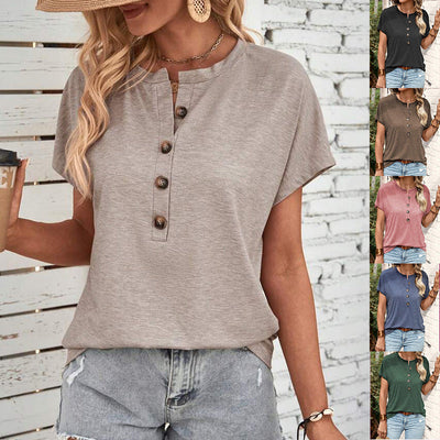 Women's Button Placket T-Shirt with Short Sleeves