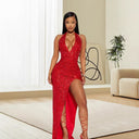 Elegant Sequin Dress with Deep V-Neck & High Slit