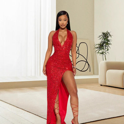Elegant Sequin Dress with Deep V-Neck & High Slit