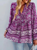 Colorful Floral Women's Blouse with Ruffled Sleeves