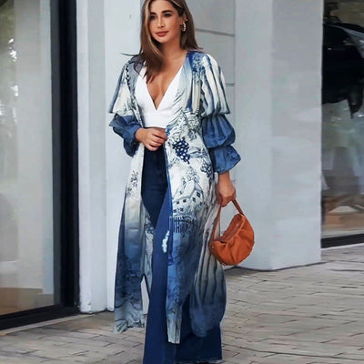 Floral Print Women's Kimono with Ruffled Sleeves