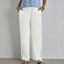 Relaxed Fit Women's Leisure Pants with Elastic Waist and Decorative Button Accents