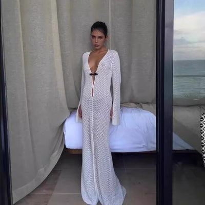 Stylish Mesh Dress with Deep V-Neck and Long Sleeves