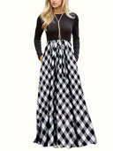 Chic Long Sleeve Maxi Dress in Modern Check
