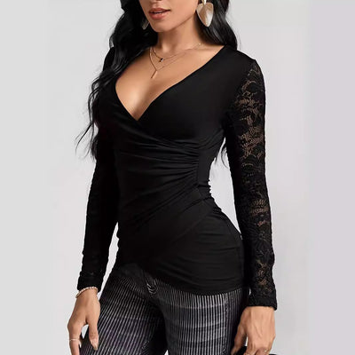Chic Wrap Top with Romantic Lace Sleeves