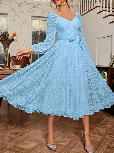 Ladies Lace Midi Dress with Puff Sleeves and Waist Tie