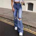 Trendy High-Waist Flared Jeans with Chic Ripped Accents