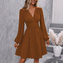 Chic Knee-Length Wrap Dress with Stylish Puff Sleeves