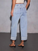 Women's Boyfriend Jeans with Cuffed Waistband and High Pockets