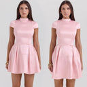 Chic Satin Women's Dress with Stylish Collar and Flared Skirt