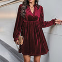 Chic Velvet Dress with V-Neck & Puff Sleeves