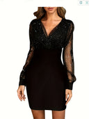 Stylish Glitter Cocktail Dress with Sheer Sleeves