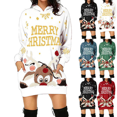 Festive Women's Hooded Dress with Reindeer Design