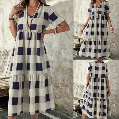 Chic Women's Long Sleeve Check Dress with Flowing Design