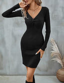 Textured Rib Midi Dress with V-Neck for Women