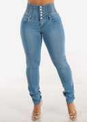 Stylish High-Waisted Slim Fit Jeans with Unique Button Accents