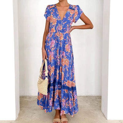 Floral Maxi Dress with Deep V-Neck Design