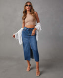 Chic Women's Denim Skirt with Side Slit and Frayed Hem