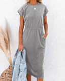Chic Midi Dress with Elastic Waist and Pockets