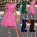 Chic Knee-Length Shirt Dress with Waist Belt and V-Neck Design