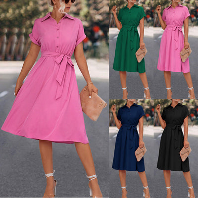 Chic Knee-Length Shirt Dress with Waist Belt and V-Neck Design