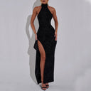 Elegant Evening Dress with High Collar and Slit